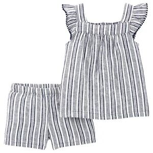 CARTER’S Baby Girl Linen Striped Tank & Short Set,‎ Blue White, 18M